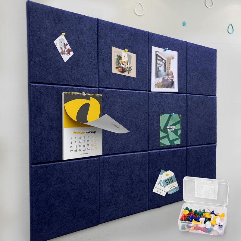 ZHIDIAN Felt Wall Tiles Bulletin Board with Removable Adhesive, 47"x35" Dark Blue Cork Board Alternative with 40 Push Pins, 12 Pack Large Office Cork Tile Push Board Felt Squares for Walls - Image 1